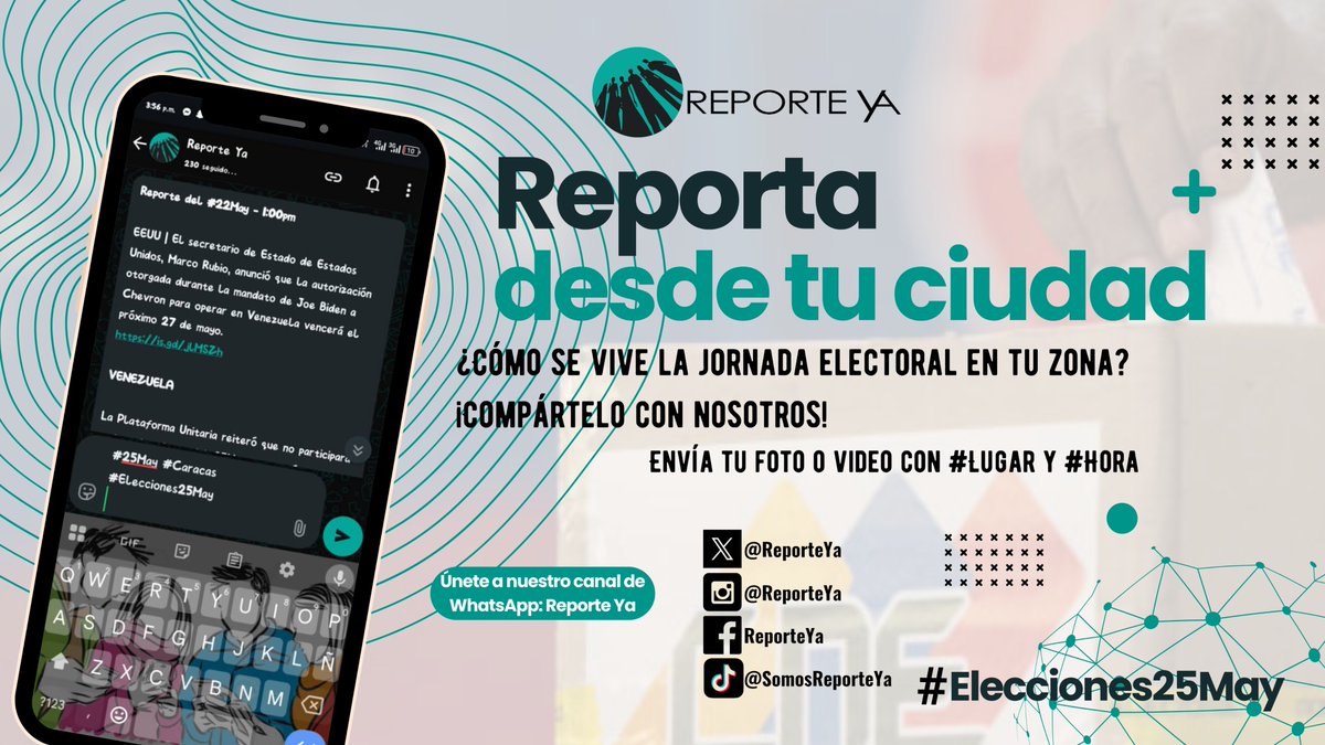ReporteYa's tweet image. #25May #Elecciones25May
Reporta la jornada electoral: Envíanos tu foto o vídeo desde tu ubicación, con #lugar y #hora a nuestras redes sociales: 

X: x.com/ReporteYa

Instagram: instagram.com/reporteya

Facebook: facebook.com/reporteya

Tik tok: tiktok.com/@somosreporteya