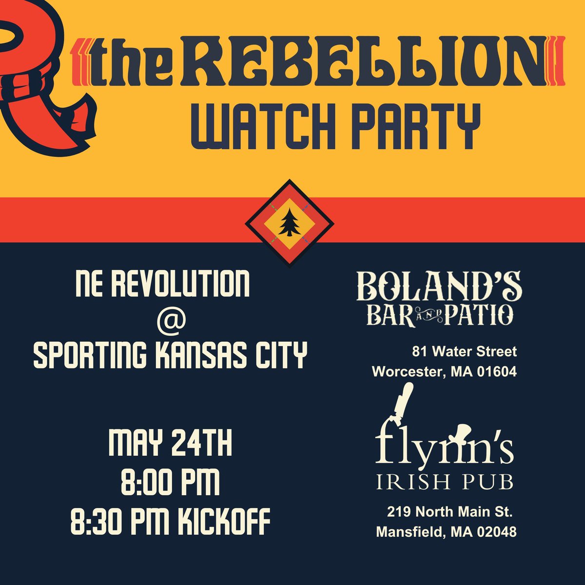 NERebellion's tweet image. Tonight’s the night!
Join The Rebellion for our official Watch Party as the New England Revolution take on Sporting Kansas City!
•Boland’s Bar & Patio
•Flynn’s Irish Pub
Pre-game at 8:00 PM | Kickoff at 8:30 PM
Let’s pack the pubs and rep the Fort loud and proud!