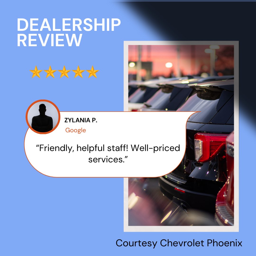 CourtesyChevCom's tweet image. Zylania, thank you for the wonderful feedback! We're glad to hear that our staff was friendly and helpful, and that you found our services well-priced. We look forward to assisting you again in the future!