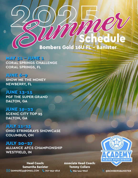 Bombers Gold 16u FL Banister (@bombersbanister) on Twitter photo It’s SUMMER‼️ Our girls are coming off a successful HS season and are locked in, can’t wait to see y’all out there‼️
Roster and Schedule 👇👇
Follow us 🔖
📌 us to your favs
👀 us compete‼️
💙🤍💣
<a href="/ExtraInningSB/">EXTRA INNING SOFTBALL</a> <a href="/thealliancefp/">The Alliance Fastpitch</a> <a href="/FloridaFastpit1/">Florida Fastpitch</a> <a href="/PGFnetwork/">PGF</a> It’s SUMMER‼️ Our girls are coming off a successful HS season and are locked in, can’t wait to see y’all out there‼️
Roster and Schedule 👇👇
Follow us 🔖
📌 us to your favs
👀 us compete‼️
💙🤍💣
<a href="/ExtraInningSB/">EXTRA INNING SOFTBALL</a> <a href="/thealliancefp/">The Alliance Fastpitch</a> <a href="/FloridaFastpit1/">Florida Fastpitch</a> <a href="/PGFnetwork/">PGF</a>