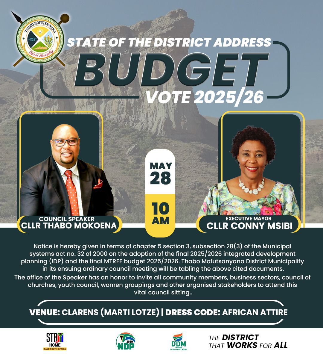 #TeamTMDM 🏛️ STATE OF THE DISTRICT ADDRESS BUDGET VOTE 2025/26 
🗓️28 May 2025
⏰10h00am
🏛️Clarens,Marti Lotze
#districtthatworksforall #G20 #LeaveNoOneBehind #workingtogether