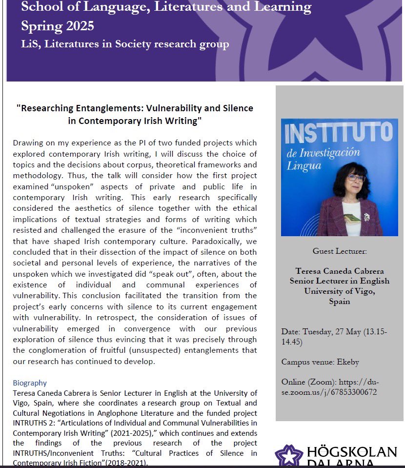 NETEC (@netec_uvigo) on Twitter photo NETEC PI Teresa Caneda <a href="/uvigo/">Universidade de Vigo</a> will share her research on Vulnerability and Silence in Contemporary Irish Writing at @DalaUniversity 📢Tuesday, 27 May (13.15-14.45h) Zoom:duse.zoom.us/j/67853300672
#IrishStudies #vulnerability #silence NETEC PI Teresa Caneda <a href="/uvigo/">Universidade de Vigo</a> will share her research on Vulnerability and Silence in Contemporary Irish Writing at @DalaUniversity 📢Tuesday, 27 May (13.15-14.45h) Zoom:duse.zoom.us/j/67853300672
#IrishStudies #vulnerability #silence