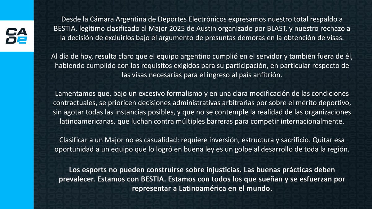 En apoyo a <a href="/bestia_corp/">BESTIA</a> y a la justicia deportiva en los esports

Los esports no pueden construirse sobre injusticias. Las buenas prácticas deben prevalecer. Estamos con BESTIA. Estamos con todos los que sueñan y se esfuerzan por representar a Latinoamérica en el mundo.