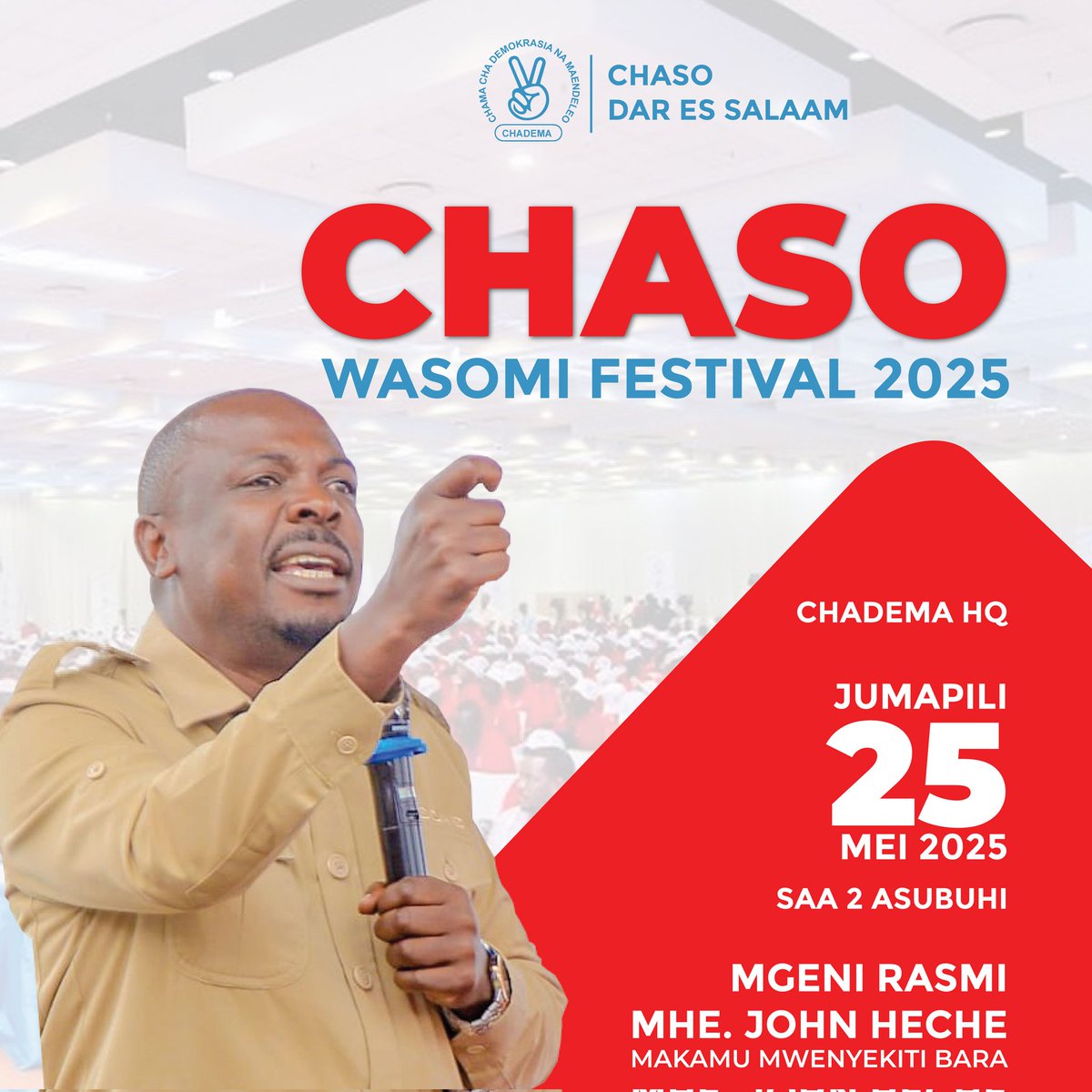 Makamu Mwenyekiti wa Chama Bara Mhe. <a href="/HecheJohn/">John Heche</a> atakuwa mgeni rasmi katika kongamano la wasomi wa Vyuo na Vyuo Vikuu Mkoa wa Dar Es Salaam.

Mhe. <a href="/HecheJohn/">John Heche</a> pamoja na mambo mengine ataeleza maazimio ya Kamati Kuu ya Chama kilichoketi kwa siku mbili Makao Makuu ya Chama tarehe 23