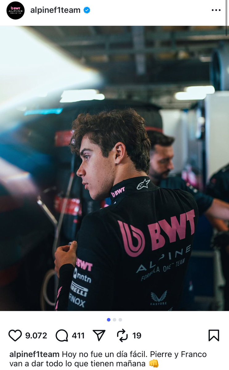 "Hoy no fue un día fácil. Pierre y Franco van a dar todo lo que tienen mañana"

El posteo de Alpine luego de que Colapinto quedara eliminado en la primera etapa de la clasificación del GP de Mónaco.
 
corta.com