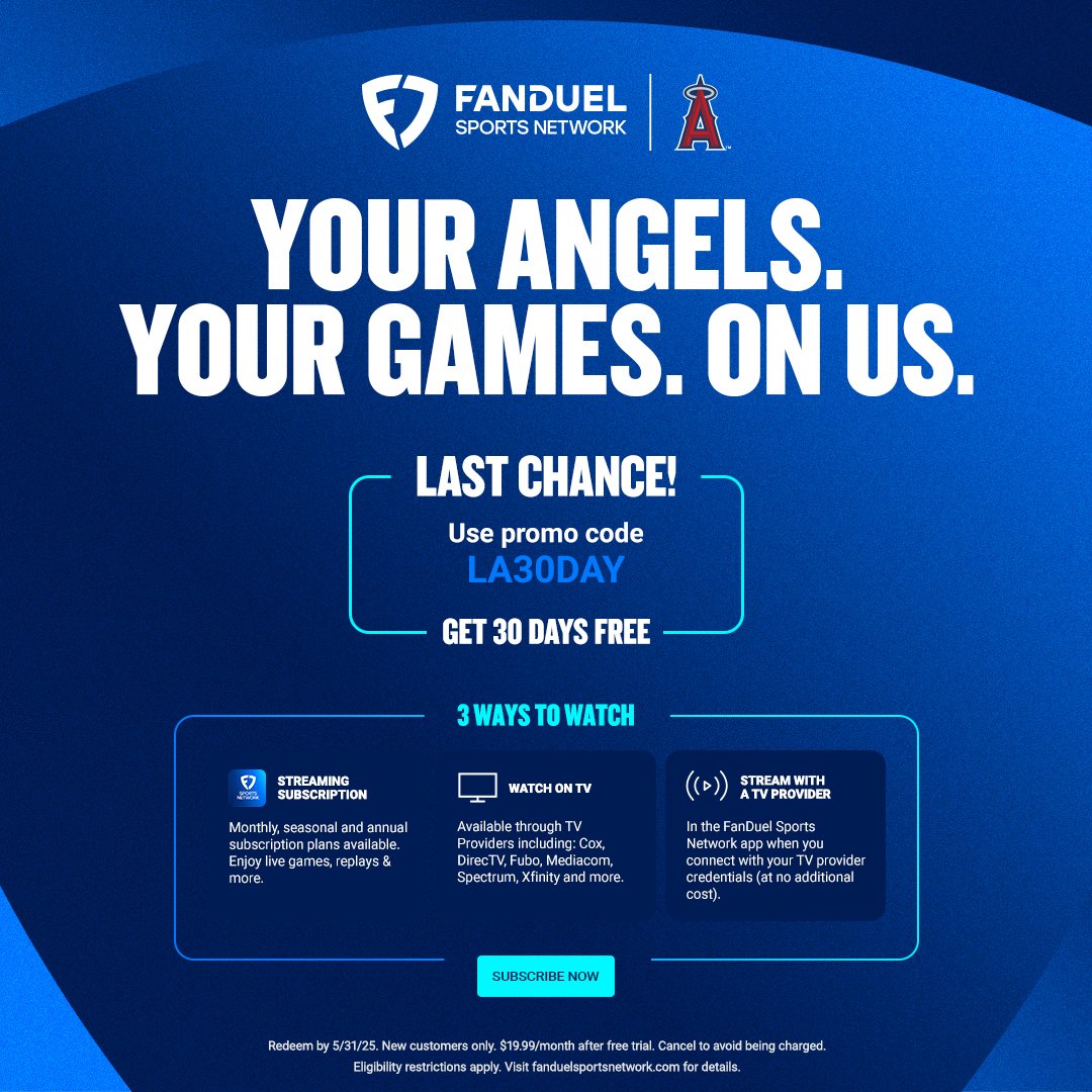 Los Angeles Angels (@angels) on Twitter photo There's only one week left to redeem your <a href="/FanDuelSN_West/">FanDuel Sports Network West</a> 30 Days Free trial offer! ⚾️
Register now using the promo code "LA30DAY" and watch your Halos in action: go.fanduelsportsnetwork.com/e/hHiE9woZDSb There's only one week left to redeem your <a href="/FanDuelSN_West/">FanDuel Sports Network West</a> 30 Days Free trial offer! ⚾️
Register now using the promo code "LA30DAY" and watch your Halos in action: go.fanduelsportsnetwork.com/e/hHiE9woZDSb