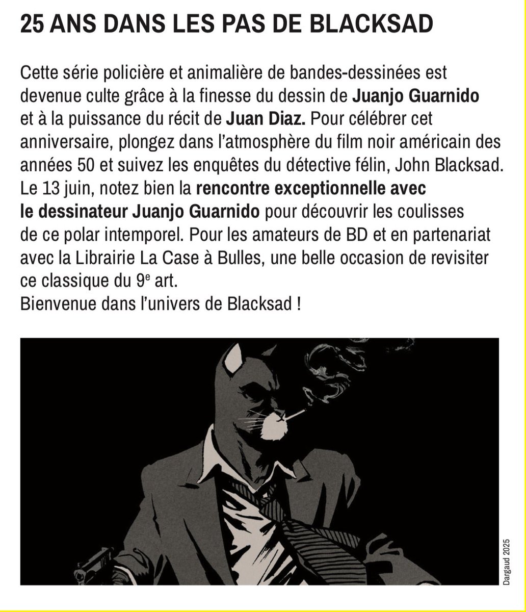👉 Le 13 juin 2025, notez bien la rencontre exceptionnelle avec le dessinateur Juanjo Guarnido pour découvrir les coulisses de ce polar intemporel Blacksad.

Les réservations sur le site: sortiracourbevoie.mapado.com
ou par téléphone: 01 46 67 70 00