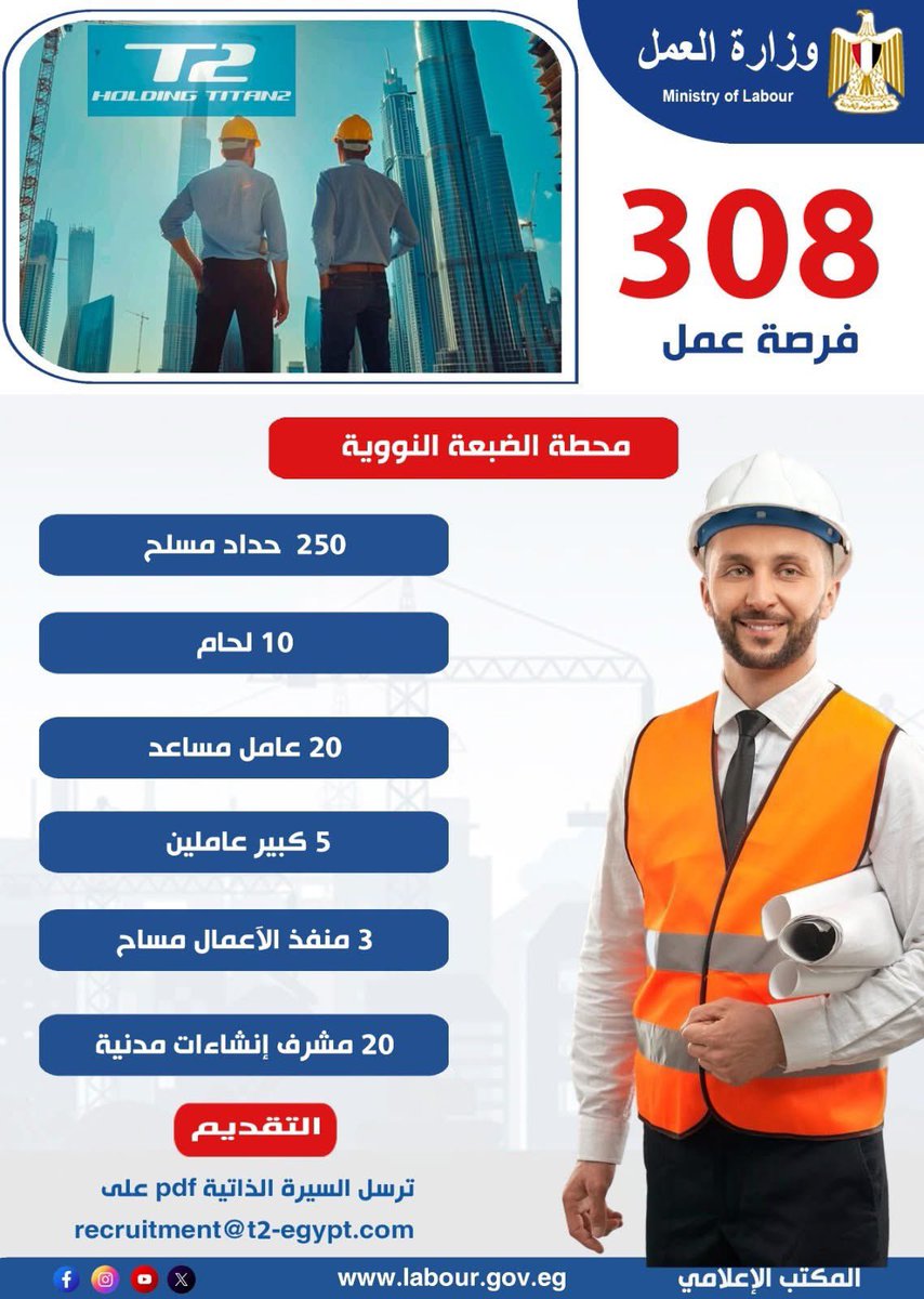 وزير العمل : 308  فرصة عمل في مشروع محطة الضبعة النووية

أعلن السيد /محمد جبران ، وزير العمل،اليوم الخميس عن توفير فرص عمل جديدة للشباب المصري، وذلك داخل مشروع محطة الضبعة النووية بشركة كونسيرن تيتان -2، بمحافظة مطروح، حيث تم توفير 308 فرصة عمل في التخصصات التالية: (250 حداد