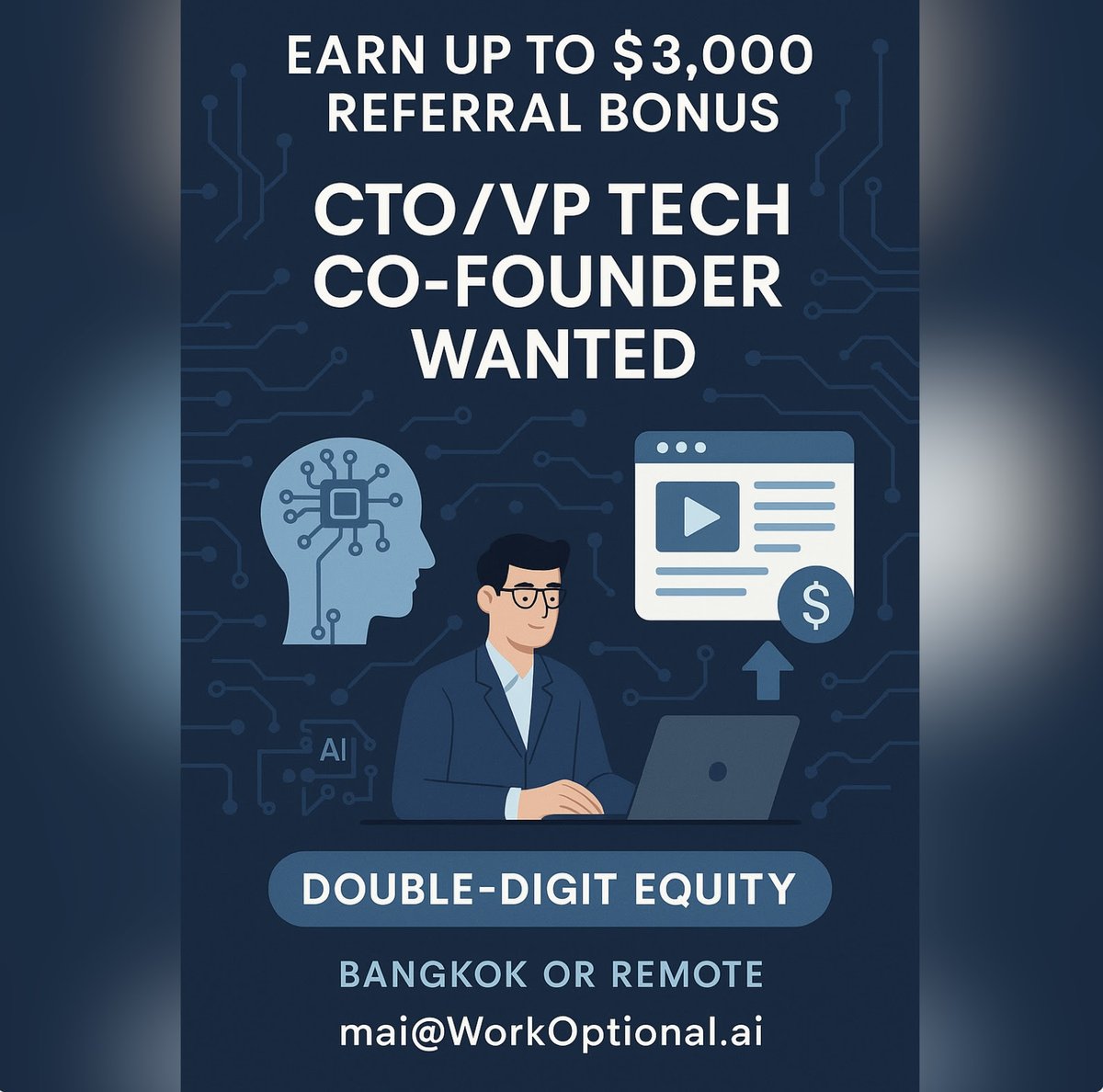 🚀 Hiring Full Stack CTO/VP Tech for a HOT AI startup!
💰 Up to $3,000 referral bonus + double-digit equity
📍 Bangkok preferred, remote possible
📩 DM or email mai<a href="/WorkOptional/">Jaime Langva</a>.ai
👉 Visit @WorkOptional.ai on LinkedIn/FB to learn more!
#AI #Startup #CTO #TechJobs #ReferralBonus