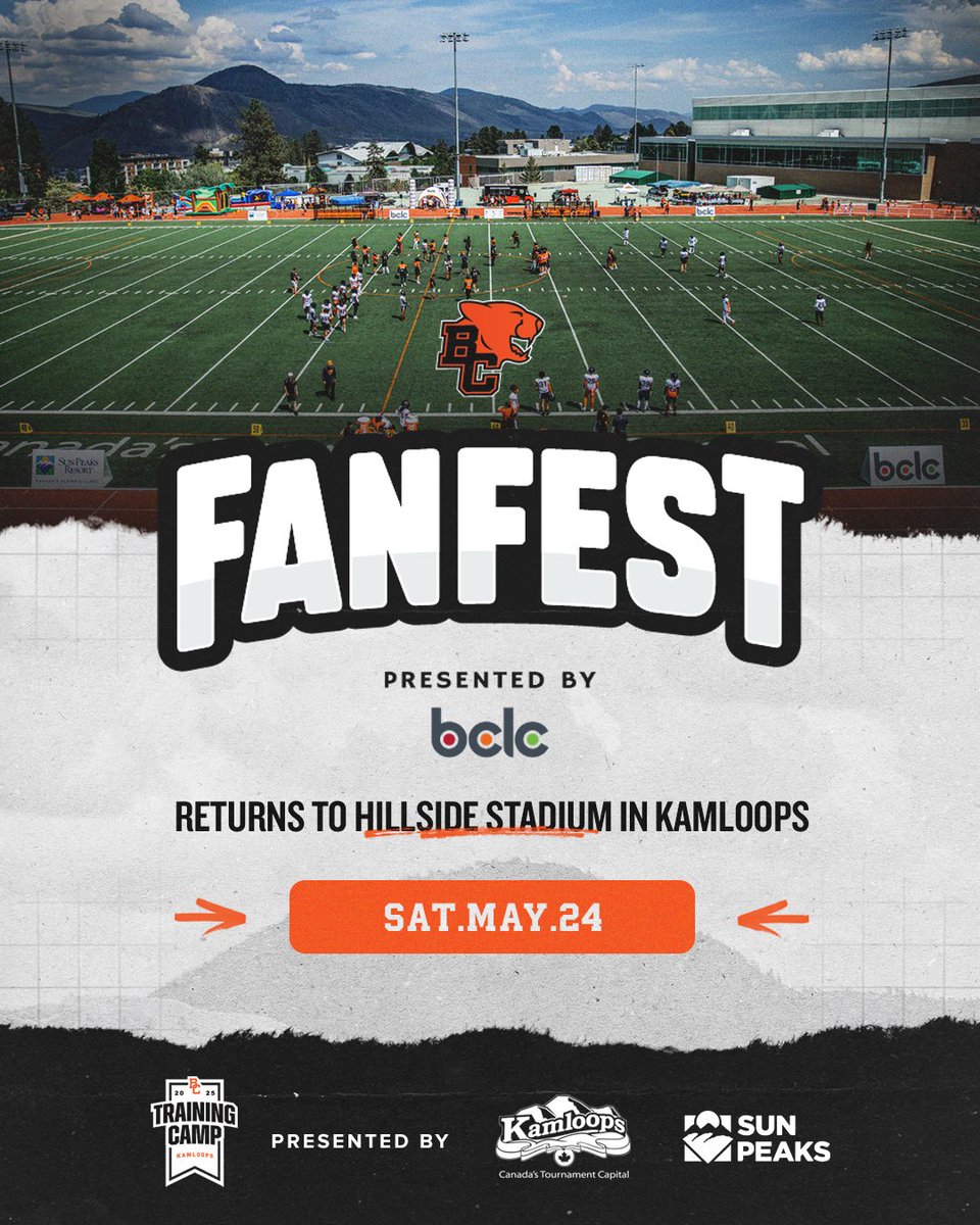 Today’s the day, Kamloops! 🏈🦁

FanFest presented by <a href="/BCLC/">BCLC</a> kicks off at 2:30 PM at Hillside Stadium!

Open practice, kids activities, autographs &amp; more.

Bring a donation for <a href="/PurolatorInc/">Purolator 🇨🇦</a> Tackle Hunger!
🔗 bit.ly/4dttTTL
#BCLions #FanFest2025 #TackleHunger