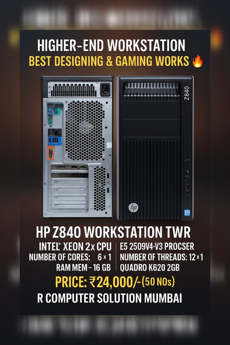 RcomputerRiyaz's tweet image. 🚨 Powerful &amp;amp; Affordable!
Get the HP Z840 Workstation for just ₹24,000/-
⚙️ Dual Xeon CPUs | 16GB RAM | Quadro 2GB
Ideal for designing, learning, office &amp;amp; more.
📞 8691914641
📍 R Computer Solution, Mumbai
#HPZ840 #StudentPC #TrainingSetup #BudgetPC