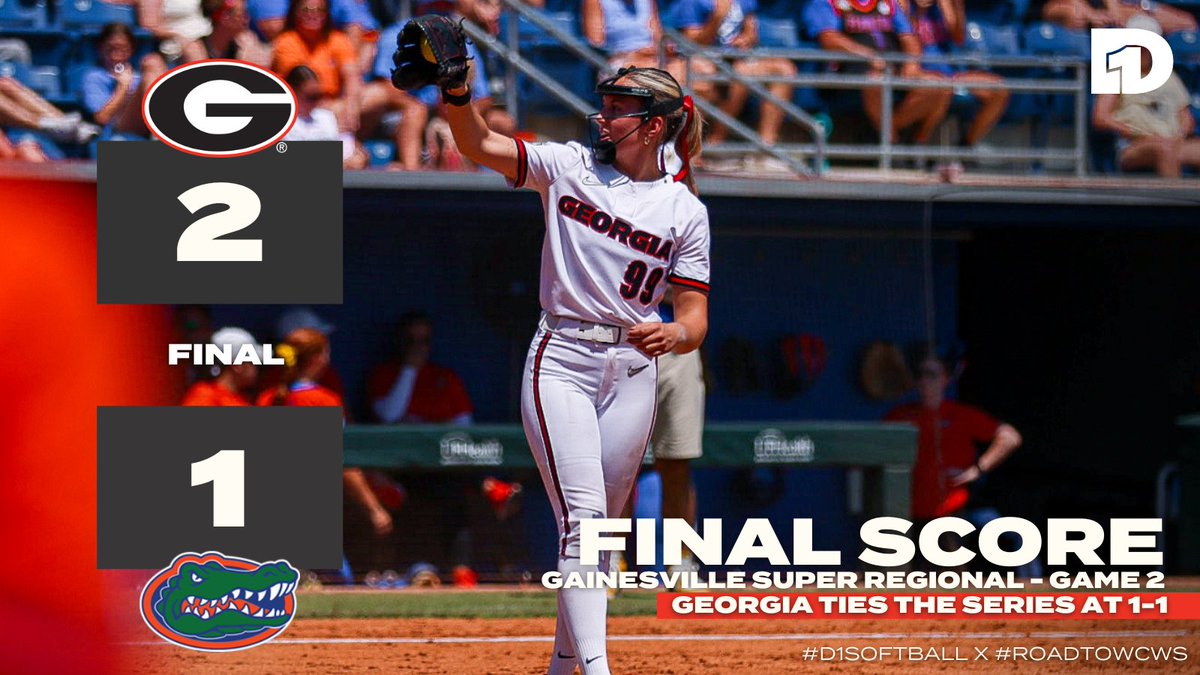 D1Softball (@d1softball) on Twitter photo FINAL SCORE: Georgia 2, Florida 1
<a href="/UGASoftball/">Georgia Softball</a> ties the best-of-three series of 1-1 in the Gainesville Super Regional.
Game 3 will be played on Sunday, May 25. FINAL SCORE: Georgia 2, Florida 1
<a href="/UGASoftball/">Georgia Softball</a> ties the best-of-three series of 1-1 in the Gainesville Super Regional.
Game 3 will be played on Sunday, May 25.