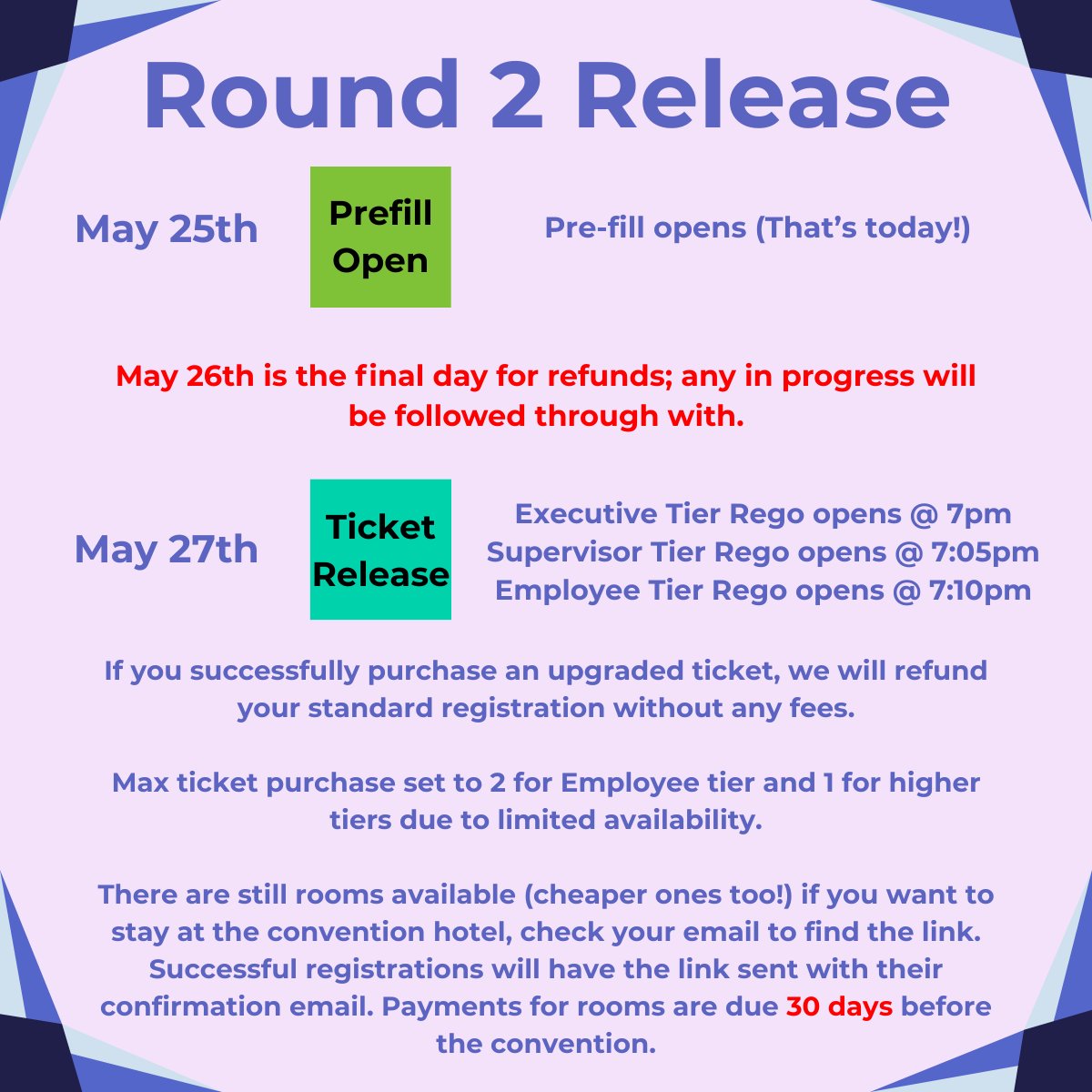 Dear all,
The second rego release is approaching, which is the FINAL CHANCE for any employees to get their registration sorted!
Pre-fill is now open, I suggest you use this to your advantage.

Thank you all,
- Aurion, C.E.O of Aurion Inc.

PS: all times are in AEST/Sydney Time