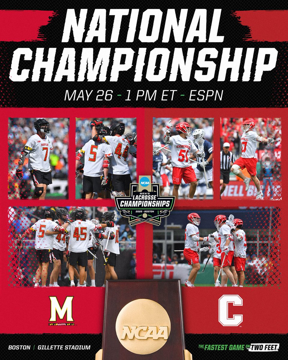 NCAA Lacrosse (@ncaalax) on Twitter photo It comes down to this ๐ค
No. 2 <a href="/TerpsMLax/">Maryland Men's Lacrosse</a>
๐
No. 1 <a href="/CornellLacrosse/">Big Red Lacrosse</a>
๐
Monday, May 26
โฐ 1:00 PM ET
๐บ ESPN
๐ป on.ncaa.com/nhvwalh2
#NCAAMLAX It comes down to this ๐ค
No. 2 <a href="/TerpsMLax/">Maryland Men's Lacrosse</a>
๐
No. 1 <a href="/CornellLacrosse/">Big Red Lacrosse</a>
๐
Monday, May 26
โฐ 1:00 PM ET
๐บ ESPN
๐ป on.ncaa.com/nhvwalh2
#NCAAMLAX