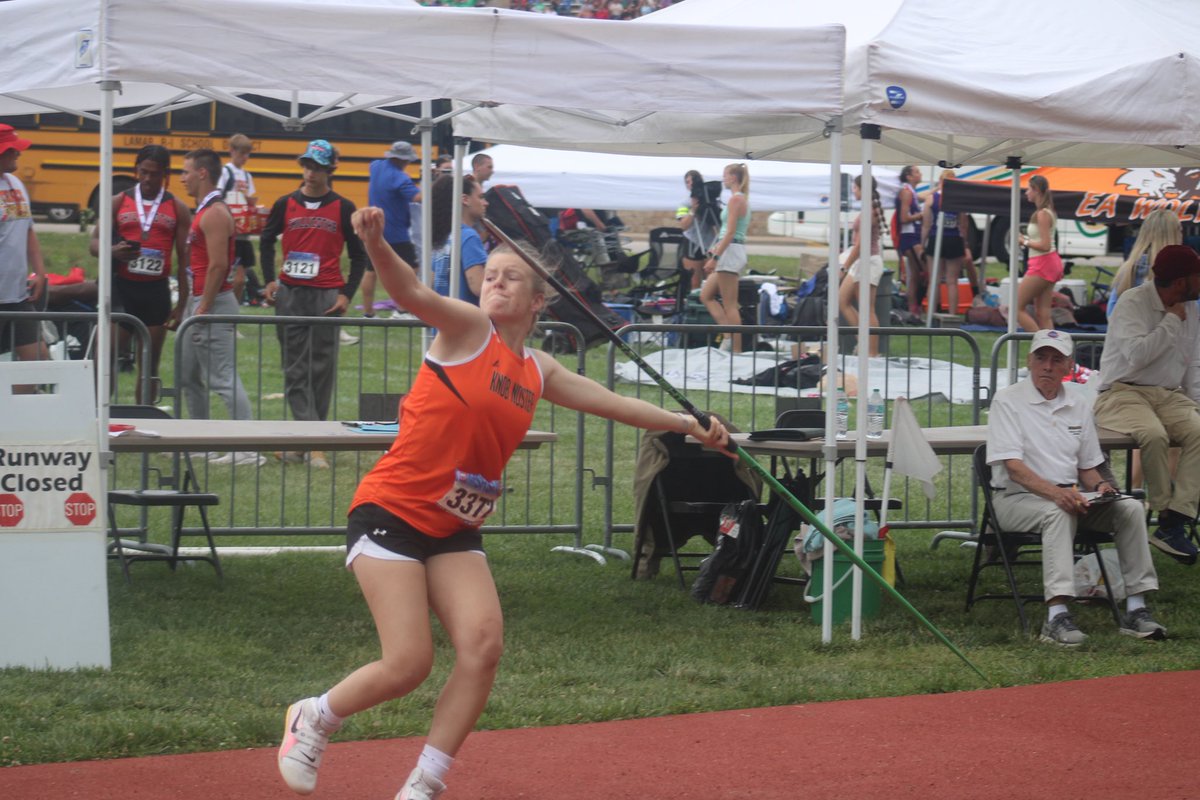 Knob Noster’s Ella Goodrich finishes seventh in the Class 3 Javelin with a throw of 35.40 meters (116-2).
