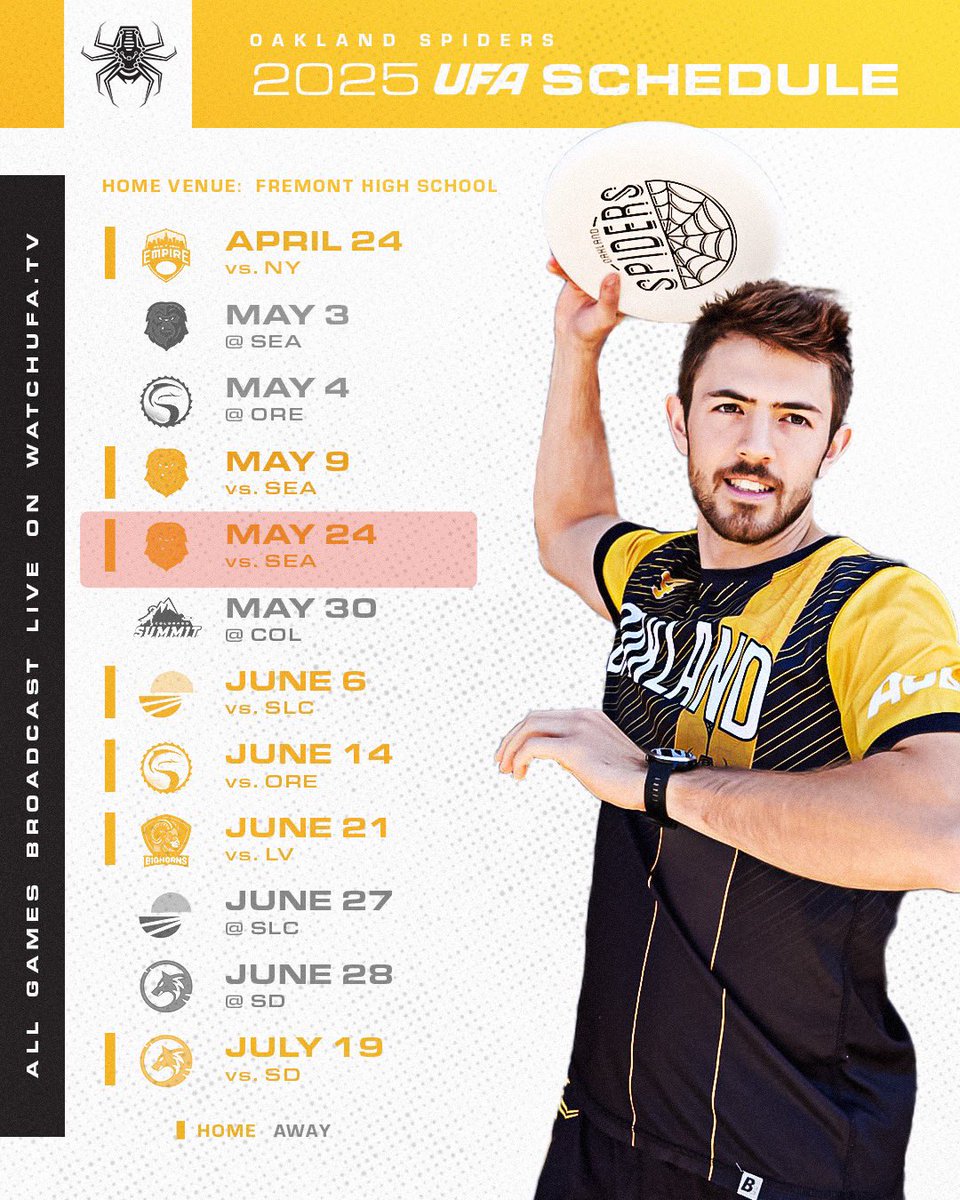 Watch the <a href="/OaklandSpiders/">Oakland Spiders</a> play the <a href="/SeattleCascades/">Seattle Cascades</a> TODAY at 3:30pm PT on <a href="/watchUFAtv/">UFA</a> 
#ultimatefrisbee #UFA 🥏🔥🕷️
watchufa.tv/events/seattle…