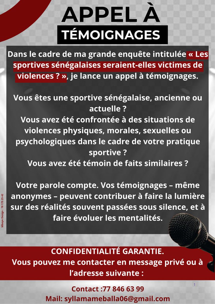 Appel à témoignages 
Dans le cadre de ma grande enquête intitulée « Les sportives sénégalaises seraient-elles victimes de violences ? », je lance un appel à témoignages.
Vous êtes une sportive sénégalaise, ancienne ou actuelle ?
#Journalisme #kebetu