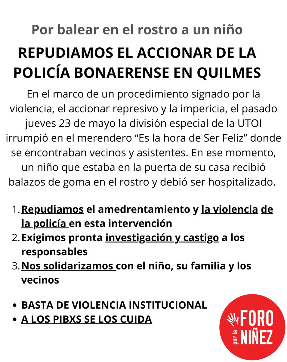 ⭕ #Repudio a la violencia institucional
 A las Pibas y Pibes SE LOS CUIDA ‼️