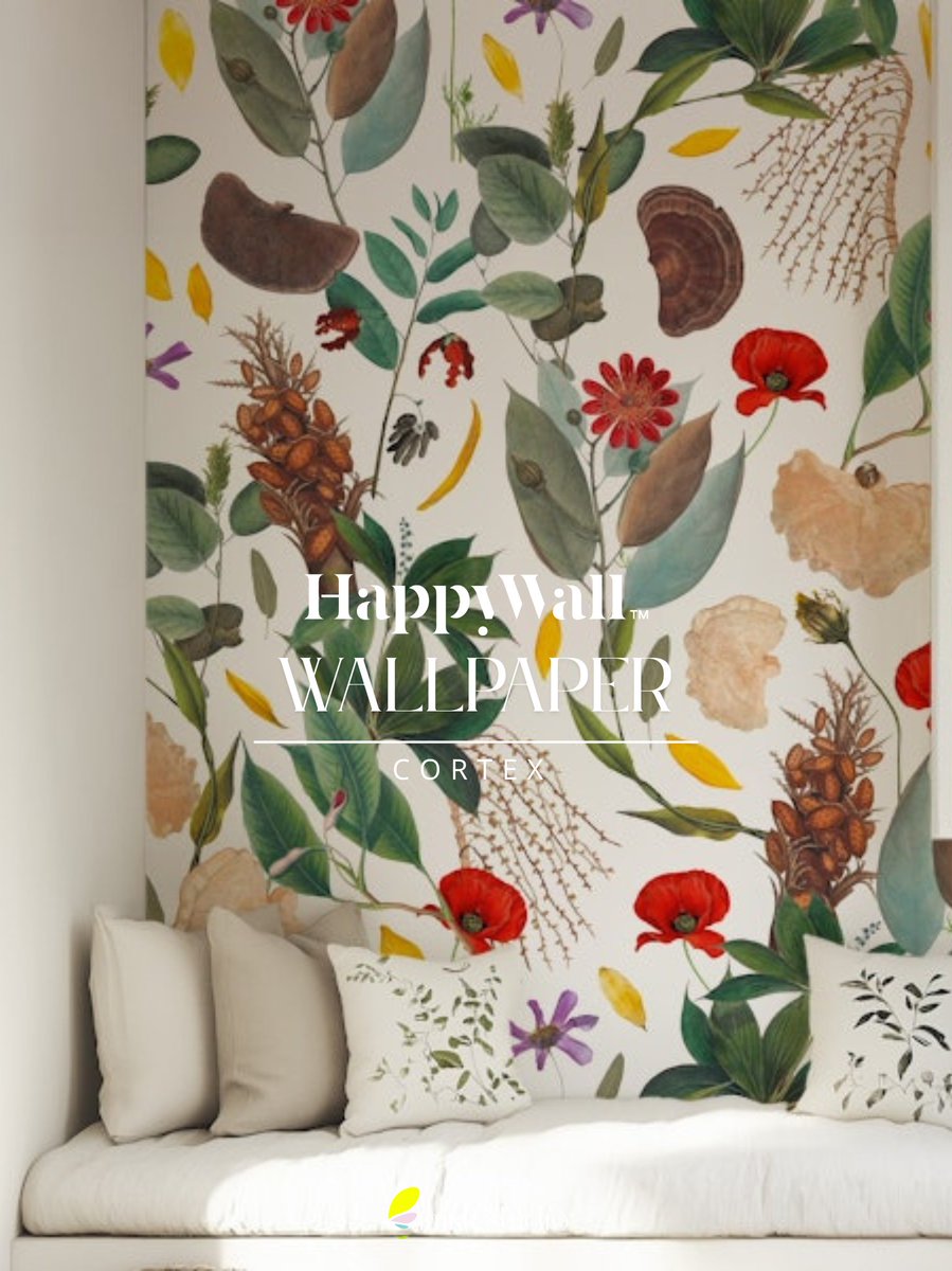 Transform your home with the Cortex wallpaper, featuring a stunning array of botanical elements. This design brings nature indoors with diverse foliage, vibrant flowers, and intricate details, making it perfect for those who love a touch of the outdoors. happywall.com/cortex-wallpap…