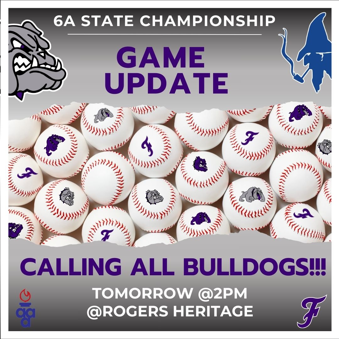📣 Calling all Bulldogs! 🐾
The 6A State Championship game is now TOMORROW at 2 PM at Rogers Heritage High!
Fayetteville vs. Rogers for the title — let’s bring it home! 🏆⚾️
#GoDogs #PurpleReign #StateChampsBound