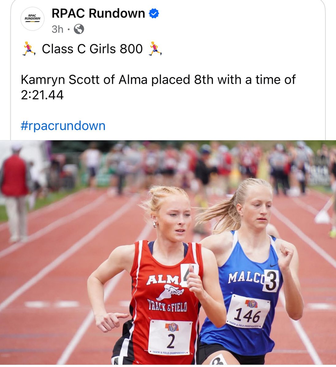 Congrats to 16u Gold Kamryn Scott on taking 8th place in the 800 at the State Track Championships!
