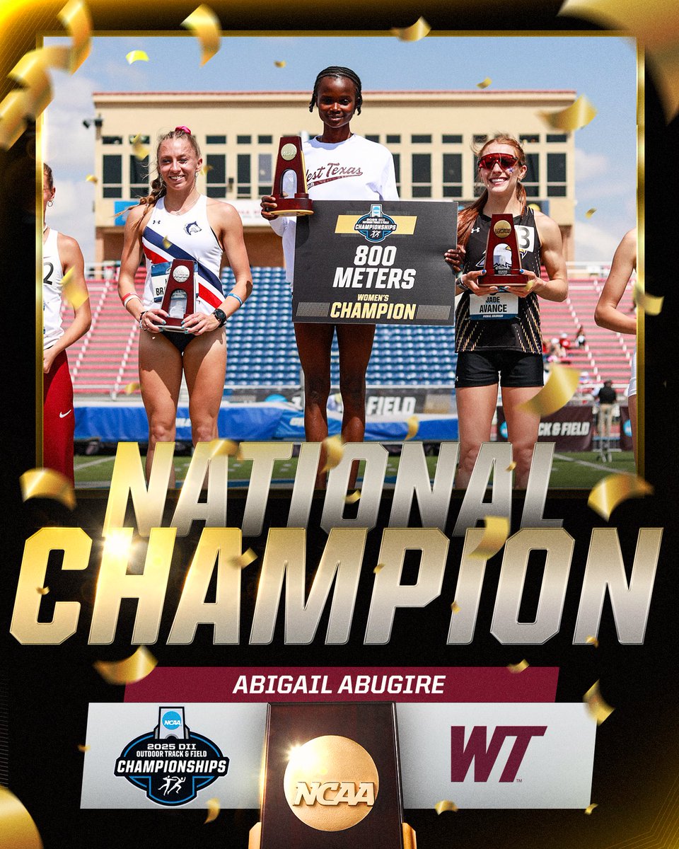 NCAA Division II (@ncaadii) on Twitter photo ๐
Abigail Abugire of <a href="/WTAMUBuffs/">West Texas A&M Athletics</a> is the 2025 DII Outdoor Womenโs 800m National Champion!
#D2WOTF | #MakeItYours ๐
Abigail Abugire of <a href="/WTAMUBuffs/">West Texas A&M Athletics</a> is the 2025 DII Outdoor Womenโs 800m National Champion!
#D2WOTF | #MakeItYours