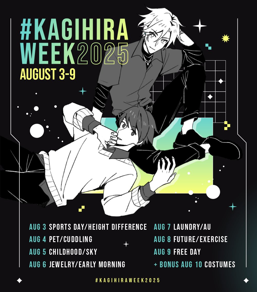 KghrWeek's tweet image. Here it is! The official prompt list for #KagihiraWeek2025 ✨
The event will be held August 3-9!✨
Please read the replies below for rules and more info! ✨