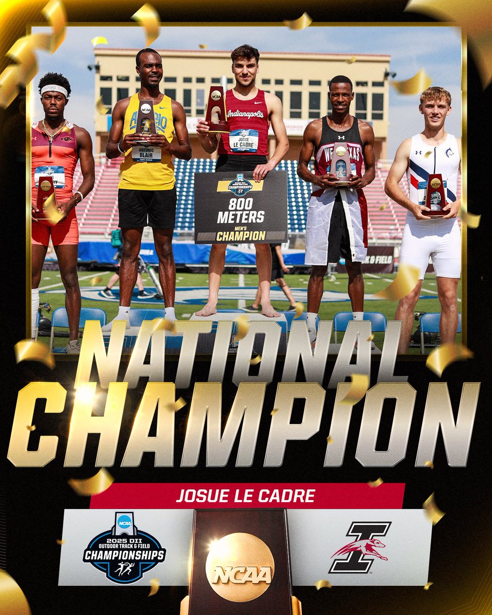 NCAA Division II (@ncaadii) on Twitter photo Hard fought Championship 💪
Josue Le Cadre of <a href="/UIndyTrack/">UIndy Track & Field</a> is the 2025 DII Outdoor Men’s 800m National Champion!
#D2MOTF | #MakeItYours Hard fought Championship 💪
Josue Le Cadre of <a href="/UIndyTrack/">UIndy Track & Field</a> is the 2025 DII Outdoor Men’s 800m National Champion!
#D2MOTF | #MakeItYours