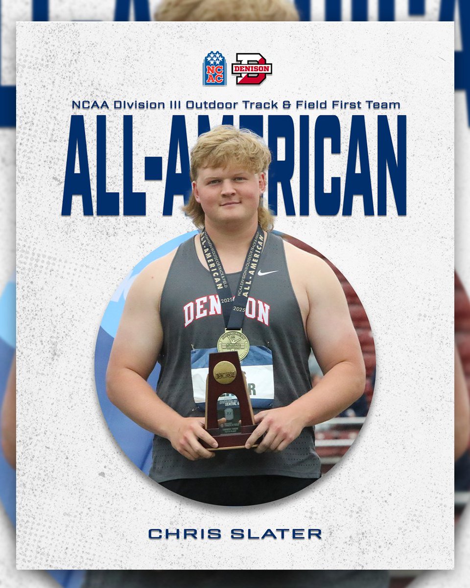 NCAC (@ncac) on Twitter photo 🚨 All-American Alert 🚨
Congratulations to <a href="/DenisonSports/">denisonsports</a>' Chris Slater on earning First-Team All-America honors in the hammer throw with a toss of 61.15 meters at the 2025 <a href="/NCAADIII/">NCAA Division III</a> Outdoor T&F Championships. #NCACPride 🚨 All-American Alert 🚨
Congratulations to <a href="/DenisonSports/">denisonsports</a>' Chris Slater on earning First-Team All-America honors in the hammer throw with a toss of 61.15 meters at the 2025 <a href="/NCAADIII/">NCAA Division III</a> Outdoor T&F Championships. #NCACPride