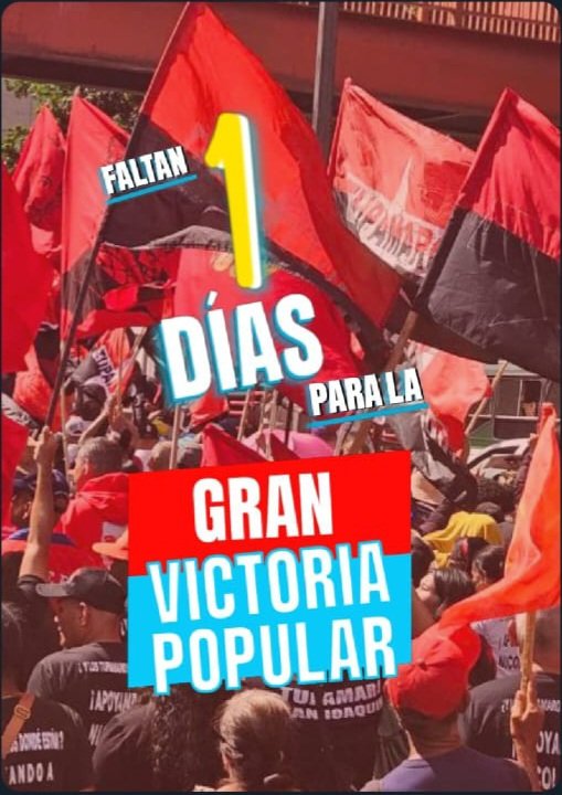 ¡Falta solo 1 DÍA para la victoria perfecta! El pueblo está en la calle con conciencia y fuego patrio.
Este 25 de mayo votamos con alegría y rebeldía por el candidato de la Patria. ¡Tupamaro no se rinde!

#VotaPorTupamaro 🔴⚫ #VotoRebelde #ConMaduroSiempre
#25DeMayoVotaTupamaro
