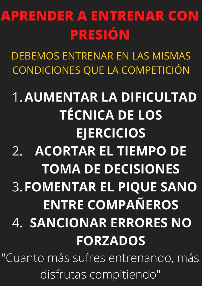 gaboloaizaperez's tweet photo. [APRENDER A ENTRENAR CON PRESIÓN] Interesantes ideas extraídas de @pepmari4 e @improve_sports

Entrenamiento en condiciones semejantes a la competición

"Cuanto más sufres entrenando, más disfrutas compitiendo" https://t.co/52s6CtD5Uw