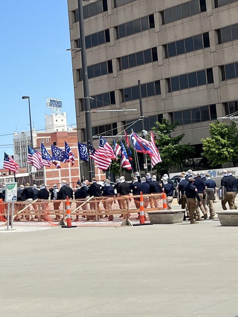 Spotted in Kansas City, Missouri: 

Patriot Front—a white nationalist hate group—holding its annual Memorial Day march in front of the national WWI museum and memorial. 

They wore masks, carried shields and flags.