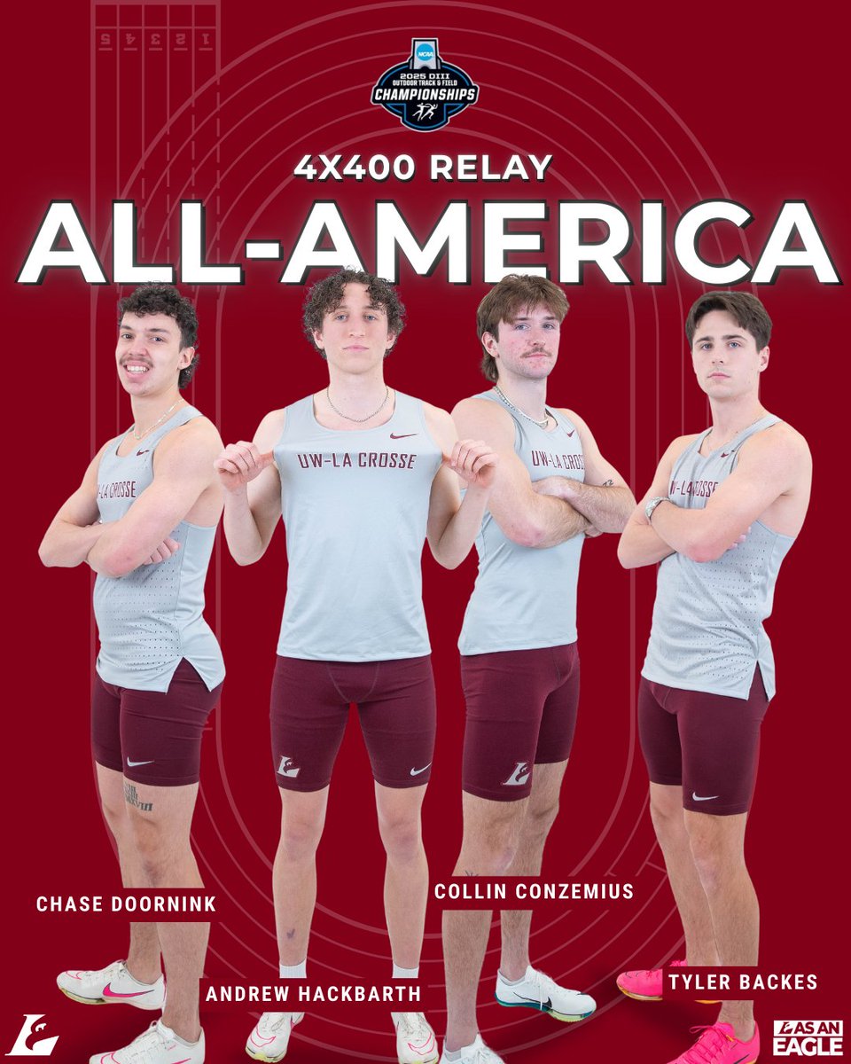 UWL Athletics (@uwlathletics) on Twitter photo NCAA All-America! The 4x400 relay team of Chase Doornink, Andrew Hackbarth, Collin Conzemius and Tyler Backes finished second overall to earn All-America honors.
The relay team ran a school record time of 3:07.39.
<a href="/UWLMensTF/">UWL Men's Track & Field</a>
#asaneagle NCAA All-America! The 4x400 relay team of Chase Doornink, Andrew Hackbarth, Collin Conzemius and Tyler Backes finished second overall to earn All-America honors.
The relay team ran a school record time of 3:07.39.
<a href="/UWLMensTF/">UWL Men's Track & Field</a>
#asaneagle