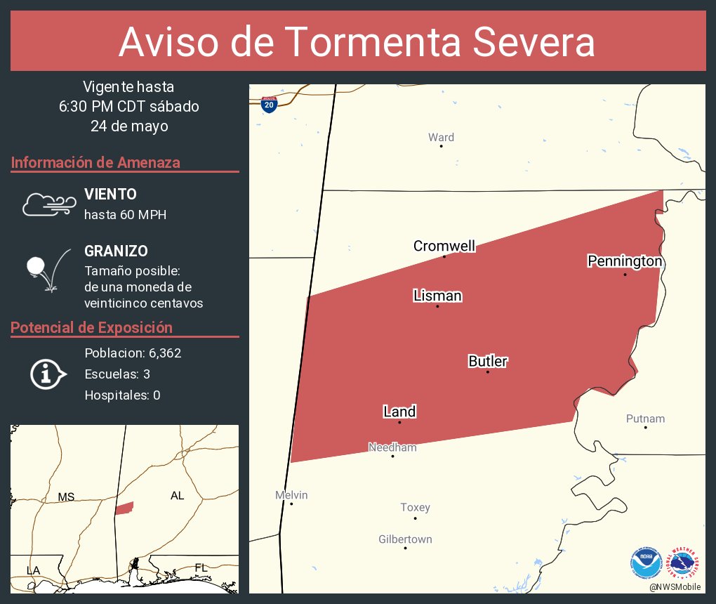 Aviso de Tormenta Severa incluye Butler AL, Lisman AL, Pennington AL hasta las 6:30 PM CDT