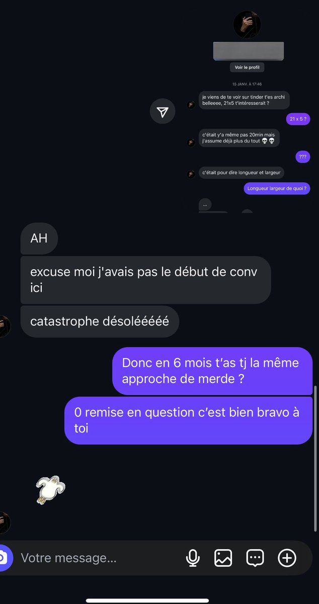 La conversation en entier est plus drôle btw (pseudo masqué j’ai rien à me reprocher 🥸)