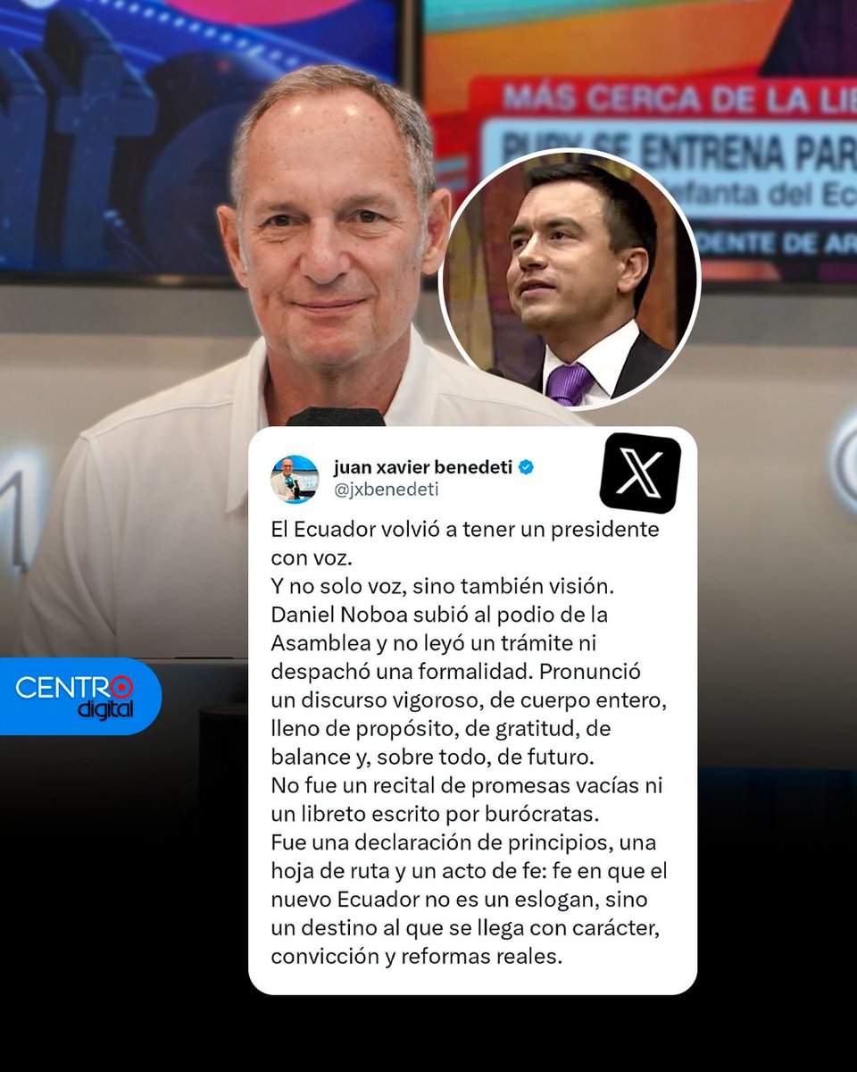 radiocentroec's tweet photo. El Ecuador volvió a tener un presidente con voz.  Y no solo voz, sino también visión.  Daniel Noboa subió al podio de la Asamblea y no leyó un trámite ni despachó una formalidad. Pronunció un discurso vigoroso, de cuerpo entero, lleno de propósito, de gratitud, de balance y, sobre todo, de futuro.

El comentario de @jxbenedeti