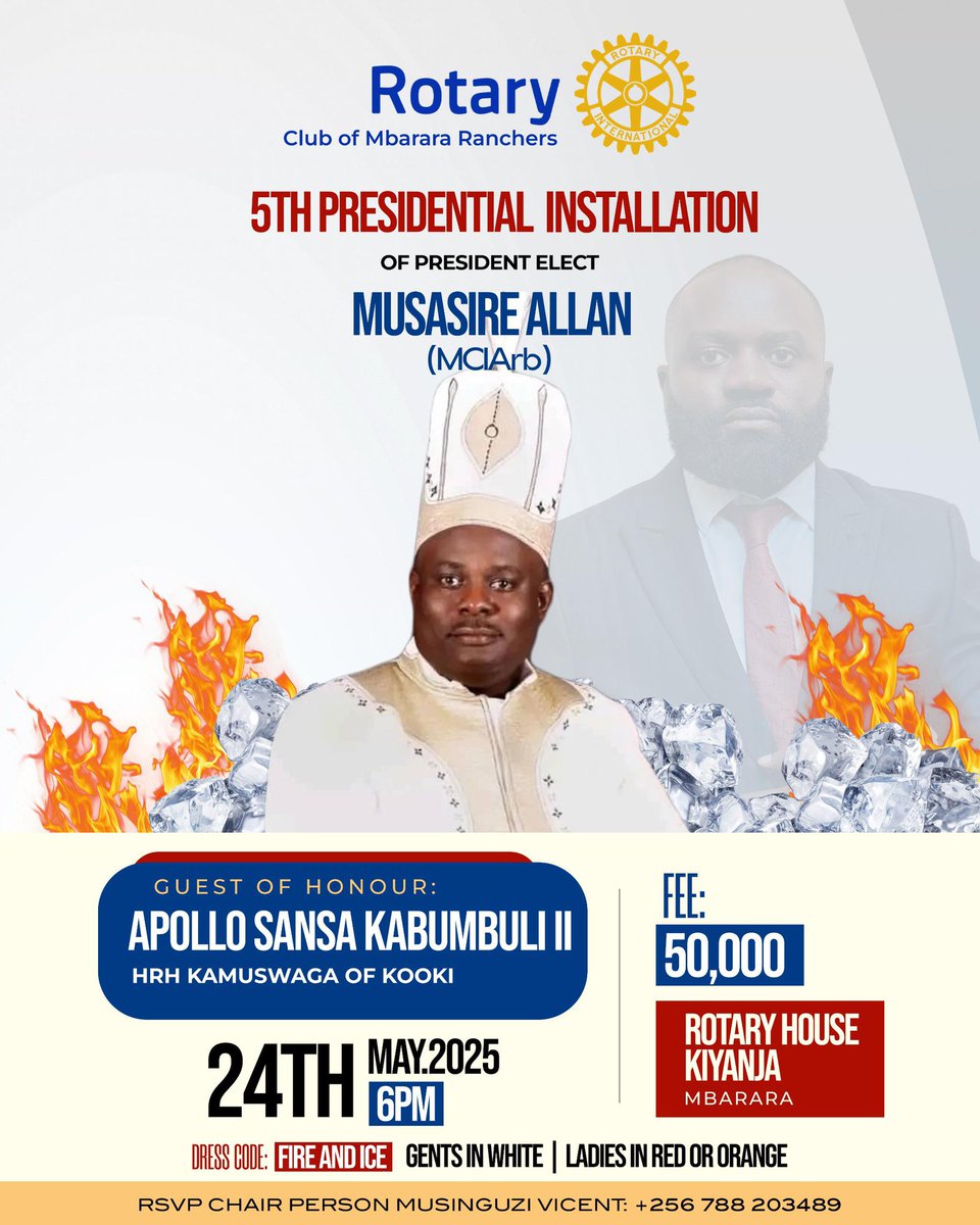 Thank you <a href="/RotaryRanchers/">Rotary Club of Mbarara Ranchers</a> of Mbarara for honouring me &amp; my people of Kooki Kingdom whom I represent. Today, as I officiated the installation of <a href="/musallan/">Musasire Allan MCIArb (Chief) 🇺🇬</a> as the president, I felt Mbarara was another home away from home. Let's please keep the friendship.