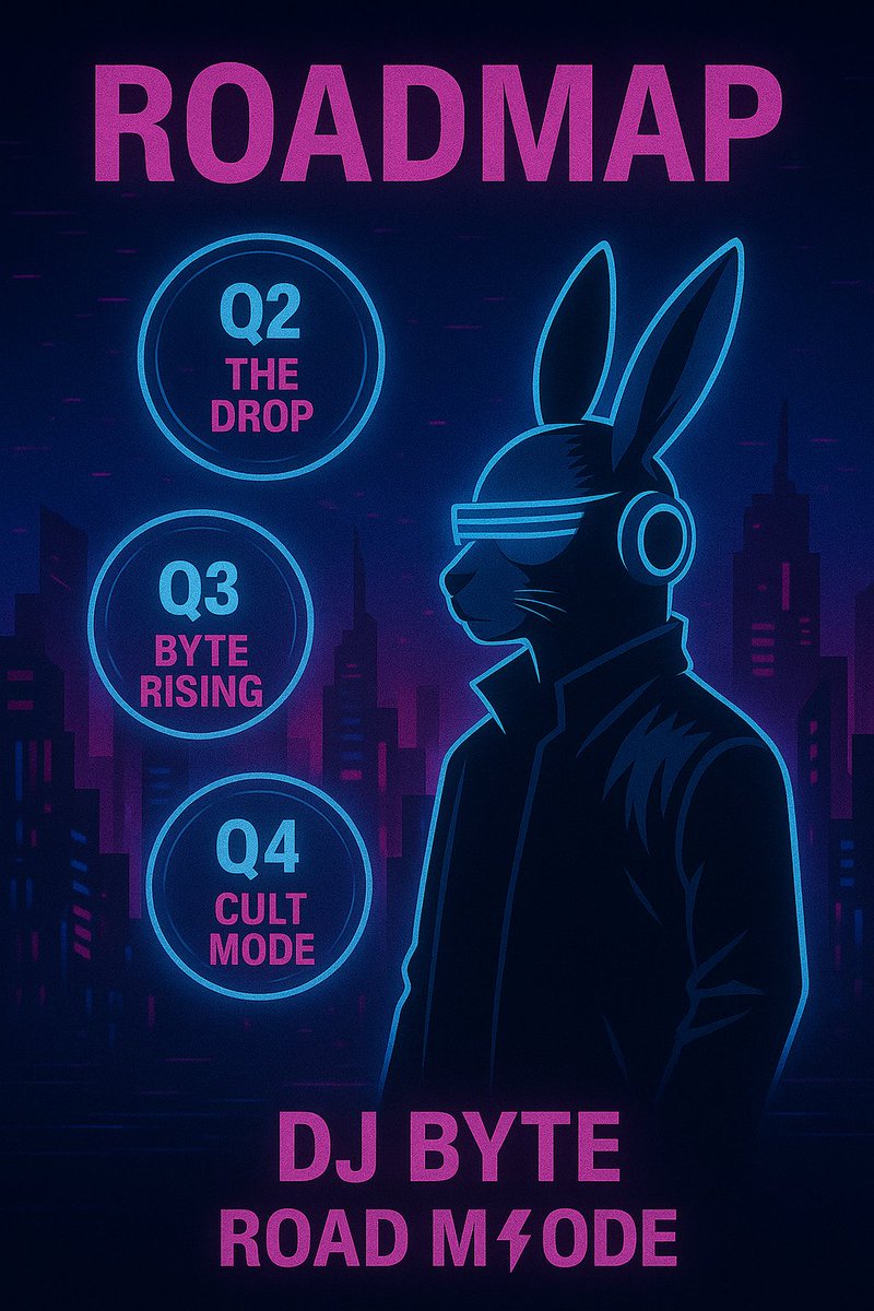 MetaBunnyXcoin's tweet photo. 𝗥𝗢𝗔𝗗𝗠𝗔𝗣 

Q2 2025 — The Drop
• $BUNNY airdrop 
• Liquidity on Solana DEX 
• Byte Cult ignition  

Q3 — Byte Rising
• NFT drop: ByteSets 
• Rave-to-Earn prototype 
• Lore expansion: Glitchlogs  
Q4 — Cult Mode
• DAO online 
• https://t.co/9FKR6pfIWc goes live 
• Merch & mystery drops  

Byte moves in silence. Until the bass hits.
