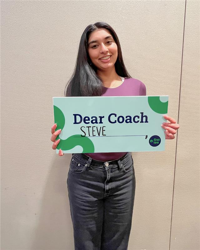 FirstTee's tweet photo. Kavya Shah shares how her coach Steve impacted her beyond the golf course– teaching her resilience, patience and determination. 
This First Tee Week we’re recognizing Coach Steve and all our coaches who are impacting participants like Kavya every day. 

#FirstTeeWeek #DearCoach https://t.co/6z1jedCnFQ