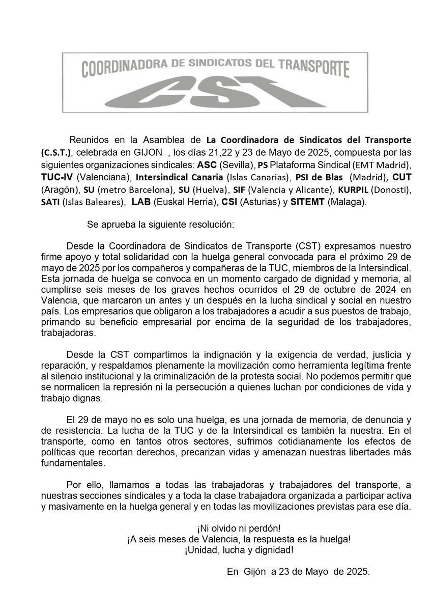 Manifiesto de la CST en APOYO a la HUELGA GENERAL convocada para el día 29 de mayo por los compañerxs de la TUC EMT Valencia.
¡¡UNIDAD, LUCHA y DIGNIDAD!!