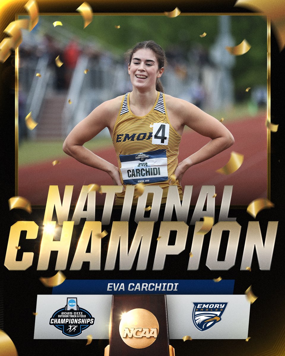NCAA Division III (@ncaadiii) on Twitter photo NATIONAL CHAMPION🏆
Eva Carchidi of <a href="/EmoryAthletics/">Emory Athletics</a> wins the women's 400m with a time of 53.94 seconds!
#WhyD3 | #D3tf NATIONAL CHAMPION🏆
Eva Carchidi of <a href="/EmoryAthletics/">Emory Athletics</a> wins the women's 400m with a time of 53.94 seconds!
#WhyD3 | #D3tf