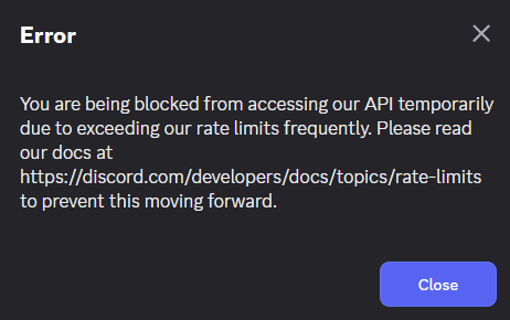 Mrboon5965's tweet photo. @discord @discord_support thanks pookie, I need to get better at not exceeding rate limits https://t.co/oxjO2uYbtY