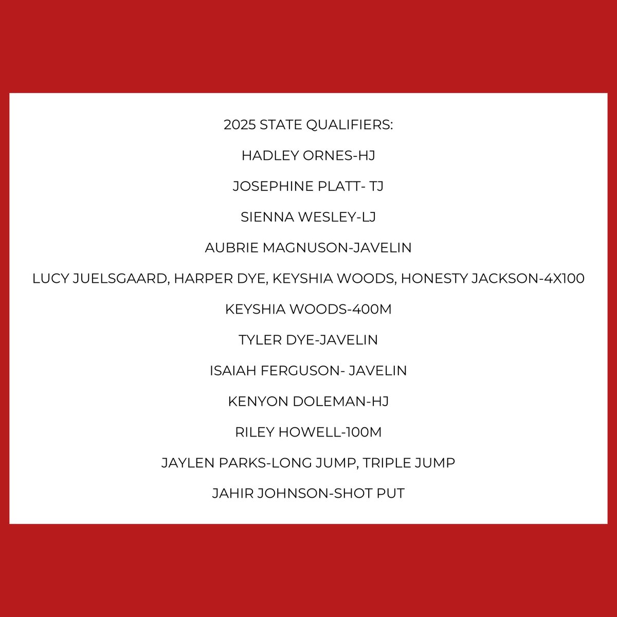 Congrats to our STATE QUALIFIERS!!! We had an amazing meet with TONs of PR’s! We are so proud of our team, they truly showed up and showed out against an INSANELY talented Regional. Hats off to Mill Valley for hosting the 5A/6A Regional Track Meet, well done.