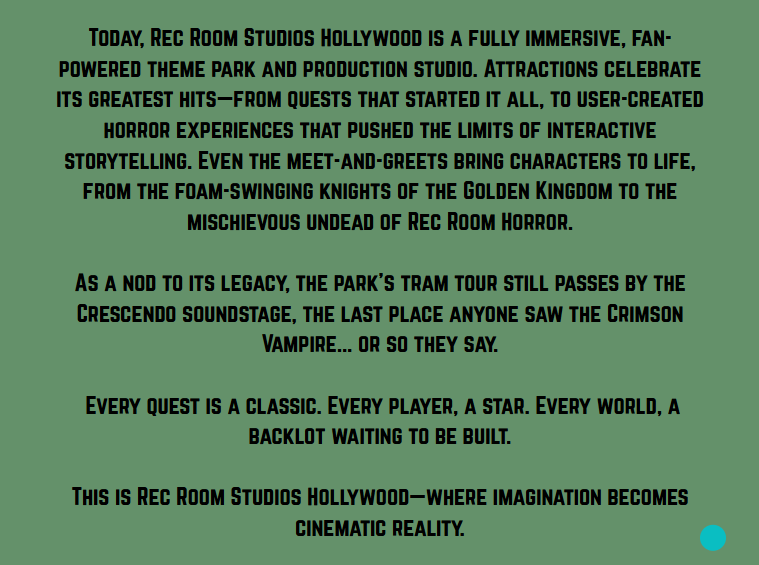OlivePineRR's tweet photo. REC ROOM STUDIO HOLLYWOOD LORE https://t.co/SHKTxTH8k8