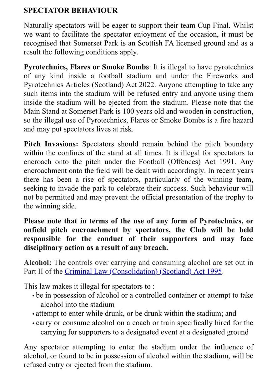 Entry to Somerset Park is £5 (Cash only) for Adults with u16s free with a paying adult. Only the main stand turnstiles 11 and 12 will be used for entry. 

Can all supporters please read over the below communication sent to us from the WOSFL regarding tomorrow’s game.