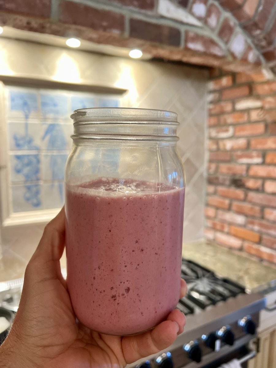 Strawberry protein shake made from freshly picked strawberries from our own field.
