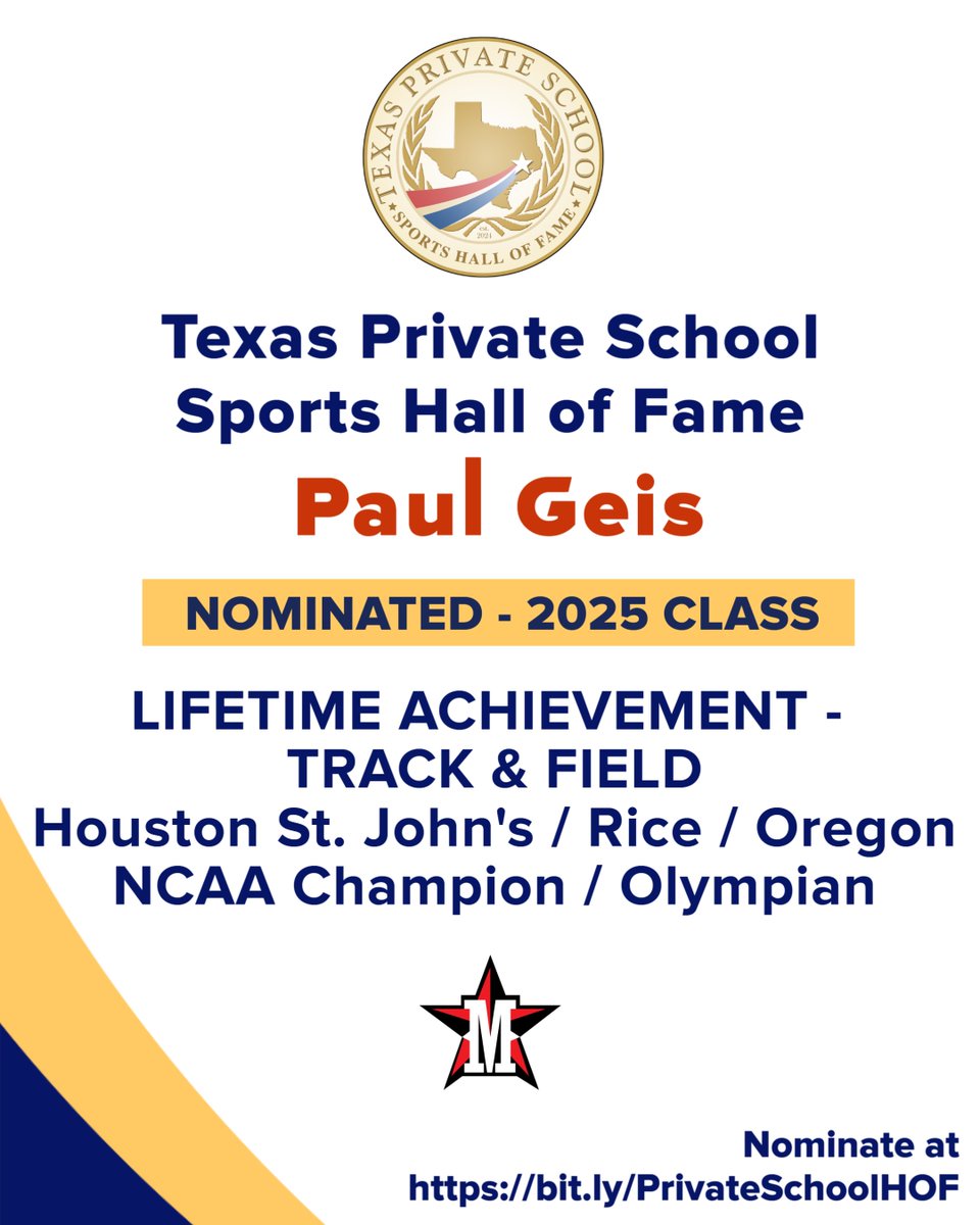 Houston St. John's School '71 alum Paul Geis, who passed away in 2019 at 66, ran a school record 4:12 mile.  He was the SWC champion at 3 miles as a freshman in '72 at Rice, then won the NCAA title in '74 at Oregon.  Geis was an Olympic finalist in '76 at 5000 meters in Montreal.