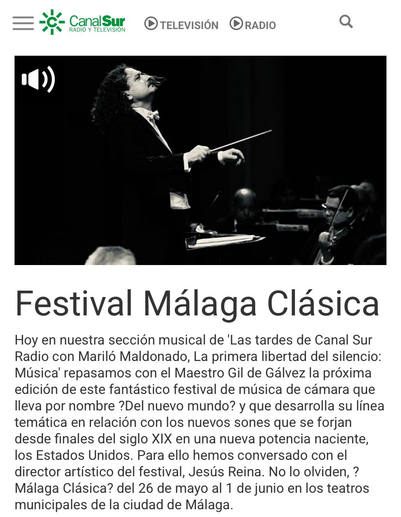 𝙂𝙞𝙡 𝙙𝙚 𝙂á𝙡𝙫𝙚𝙯 🇪🇺 (@gildegalvez) on Twitter photo Festival Málaga Clásica
Hoy en nuestra sección musical de 'Las tardes de Canal Sur Radio con Mariló Maldonado, repasamos la próxima edición de este fantástico festival
Para ello hemos conversado con Jesús Reina.
canalsur.es/multimedia.htm…
<a href="/GildeGalvez/">𝙂𝙞𝙡 𝙙𝙚 𝙂á𝙡𝙫𝙚𝙯 🇪🇺</a> Festival Málaga Clásica
Hoy en nuestra sección musical de 'Las tardes de Canal Sur Radio con Mariló Maldonado, repasamos la próxima edición de este fantástico festival
Para ello hemos conversado con Jesús Reina.
canalsur.es/multimedia.htm…
<a href="/GildeGalvez/">𝙂𝙞𝙡 𝙙𝙚 𝙂á𝙡𝙫𝙚𝙯 🇪🇺</a>