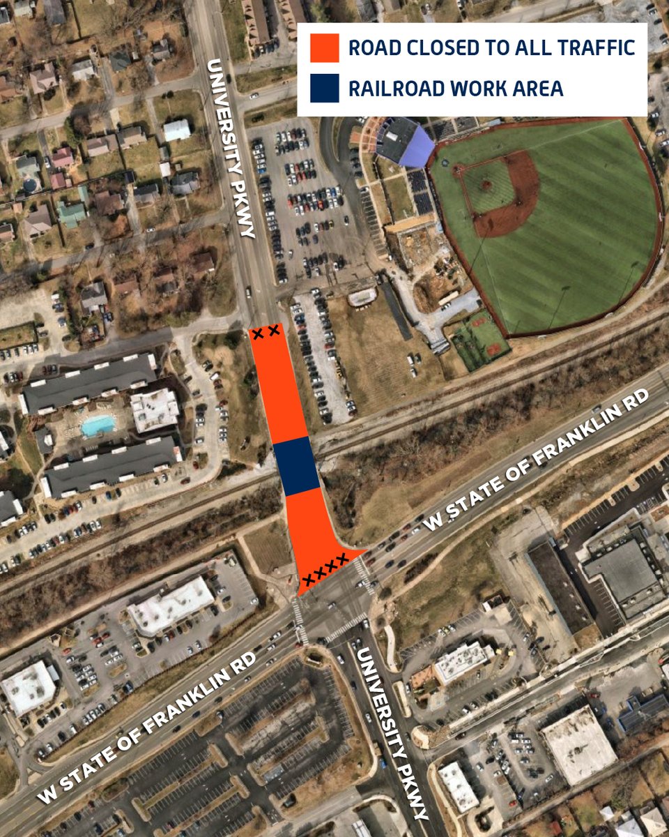 Norfolk Southern will temporarily close the railroad crossing on University Pkwy at W. State of Franklin Rd. for track maintenance May 27-29 or until all necessary work is completed. This area will be completely closed to all traffic, including emergency vehicles.