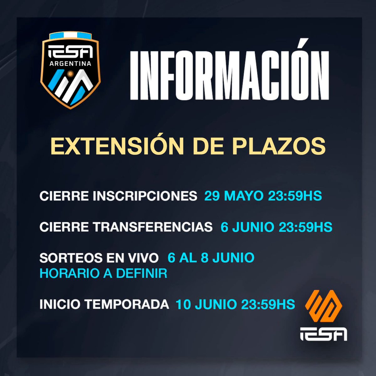🔵 INFORMACIÓN

📌 EXTENDEMOS LAS INSCRIPCIONES

📅 CIERRE INSCRIPCIONES 29 MAYO 23:59HS

📅 CIERRE TRANSFERENCIAS 6 JUNIO 23:59HS

🎥 SORTEO EN VIVO 8 JUNIO. HORARIO A DEFINIR

🚨 INICIO TEMPORADA 10 JUNIO 23:00HS